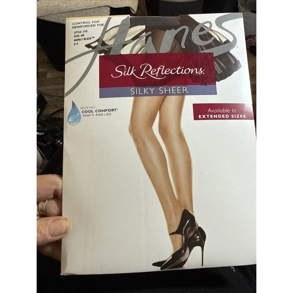 Hanes Silky Reflections Pantyhose Barely Black Sheer Control Top Size AB